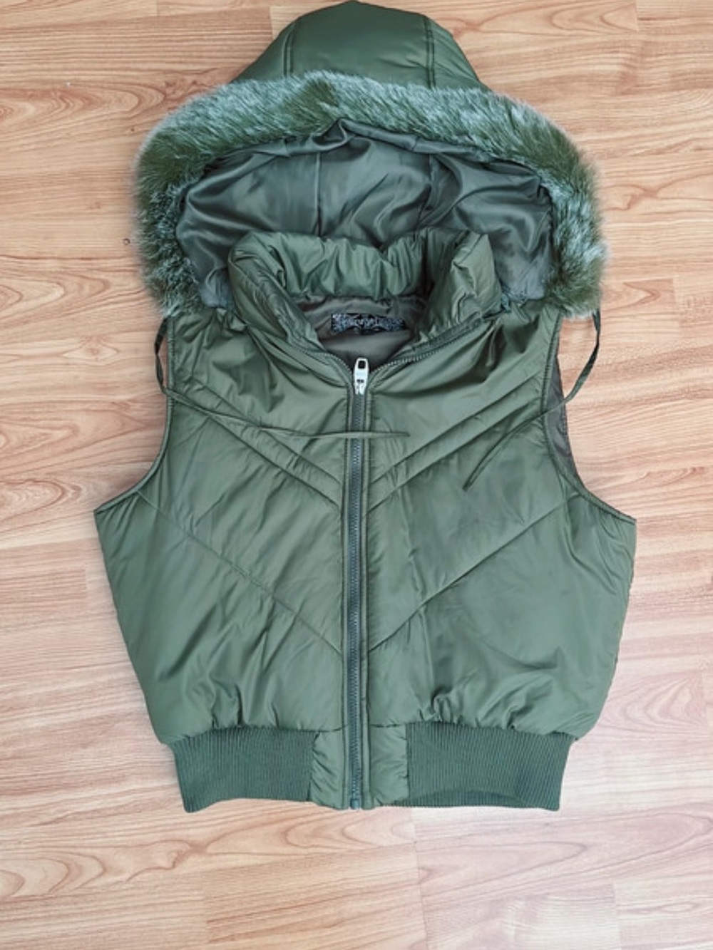 Kids Olive Green Puffer Hooded Vest with Faux-Fur Trim